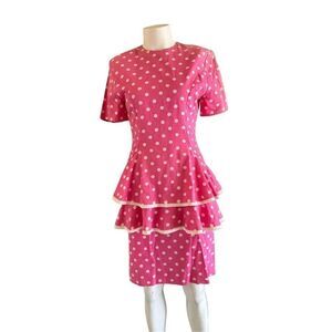 women’s XS hot pink white polka dot skirt set vintage 80s peplum blouse mini pen